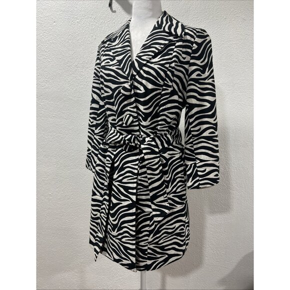 INC Zebra Print Overcoat Button Front Size Medium Side Pockets Belted - Picture 1 of 12